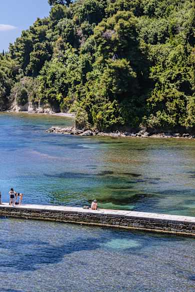 Ein Strand mit einem langen Steg am Wald